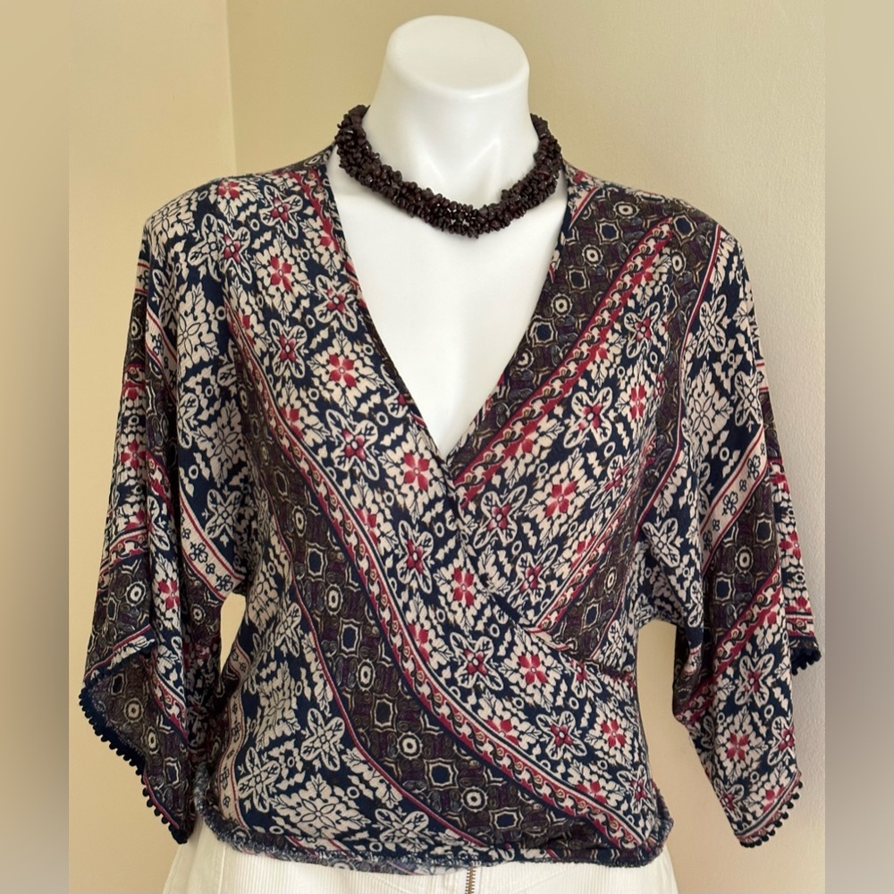 Intu Red White Blue Cropped Boho SummerTop Dolman Sleeves Wrap Look SZ S